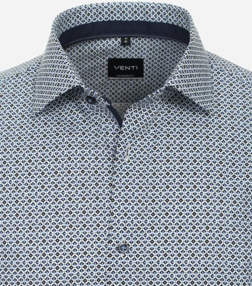 VENTI modern fit overhemd, korte mouw, popeline, blauw met wit dessin